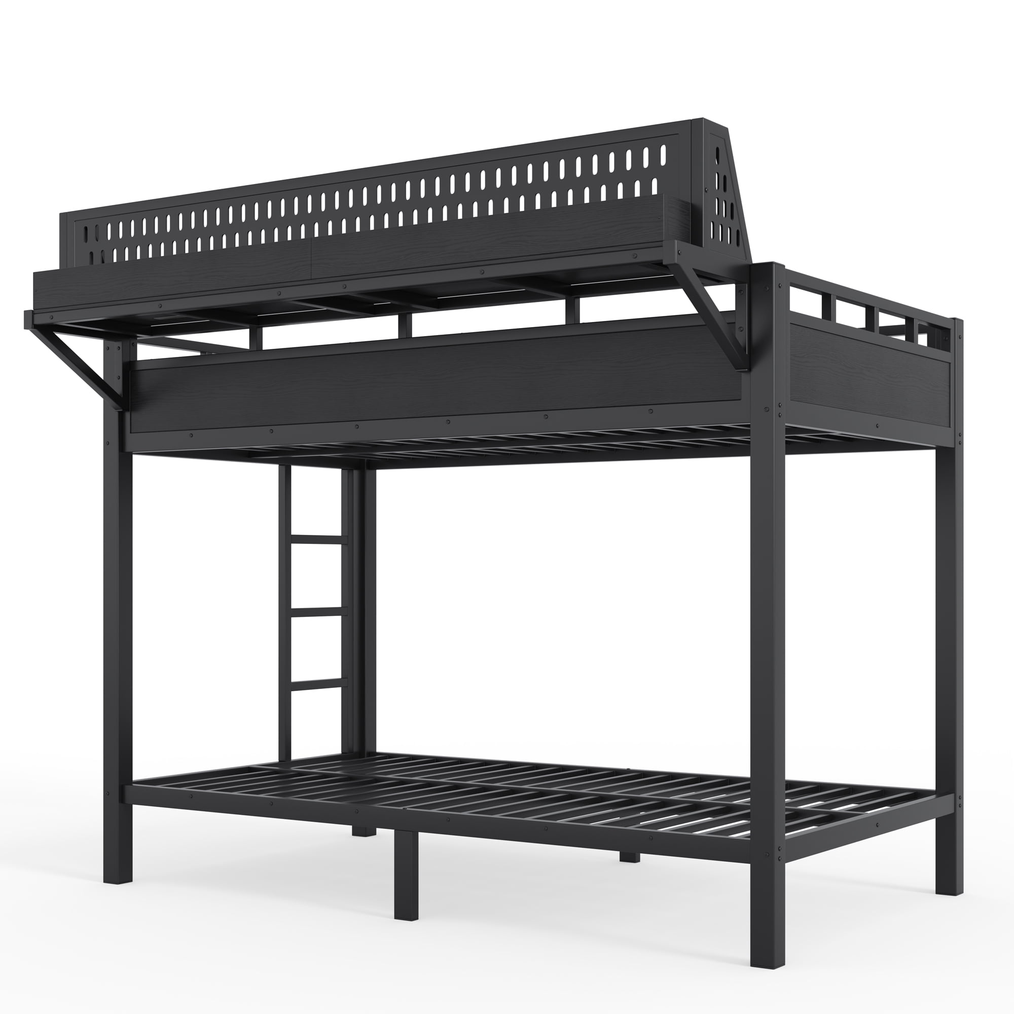 Leumius Twin XL over Twin XL Size Metal Bunk Bed with Storage Shelves and Pegboard, Bunk Bed Frame with USB Ports and LED Lights, Space-Saving for Teens and Adults Black