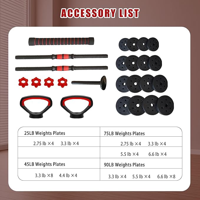 25/45/75/90-lb 4-in-1 Adjustable Dumbbell Set, Converts to Barbell, Kettlebell & Push-Up Stand with Connector, Interchangeable Weight Plates & Storage Tray for Home Gym