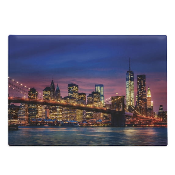 New York Cutting Board, NYC That Never Sleeps Reflections on Manhattan East River City Image Photo Print, Decorative Tempered Glass Cutting and Serving Board, Large Size, Pink Blue, by Ambesonne