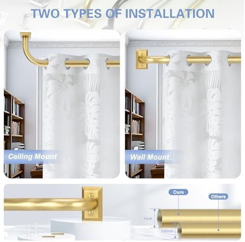 Gold Wrap Around Curtain Rods 36 to 72:Blackout Heavy Duty Adjustable Window Curtain Rod for Bedroom Kitchen,Modern Decorative Curved French Metal Single Drapery Rods Easy Install,Brushed Gold