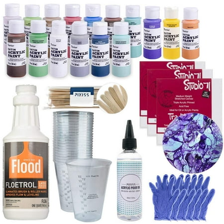 Acrylic Paint Pouring Bundle - Floetrol, Cups, 16x 2-Ounce Acrylic Paints, 3X 5-inch Canvases, Pixiss Acrylic Pouring Oil, Mixing Sticks, Gloves, Complete Kit for Paint