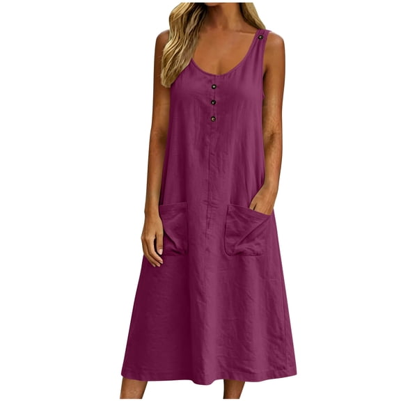 Atogsazn Women's Summer Linen Midi Dress Casual Button Sleeveless Flowy Dresses with Pocket A-Line Sundress Hot Pink L Fashion