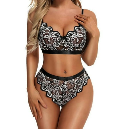 

Cktzo Womens Sexy Lingerie Lace Bra Thong Underwear Set Babydoll Nightwear Sleepwear