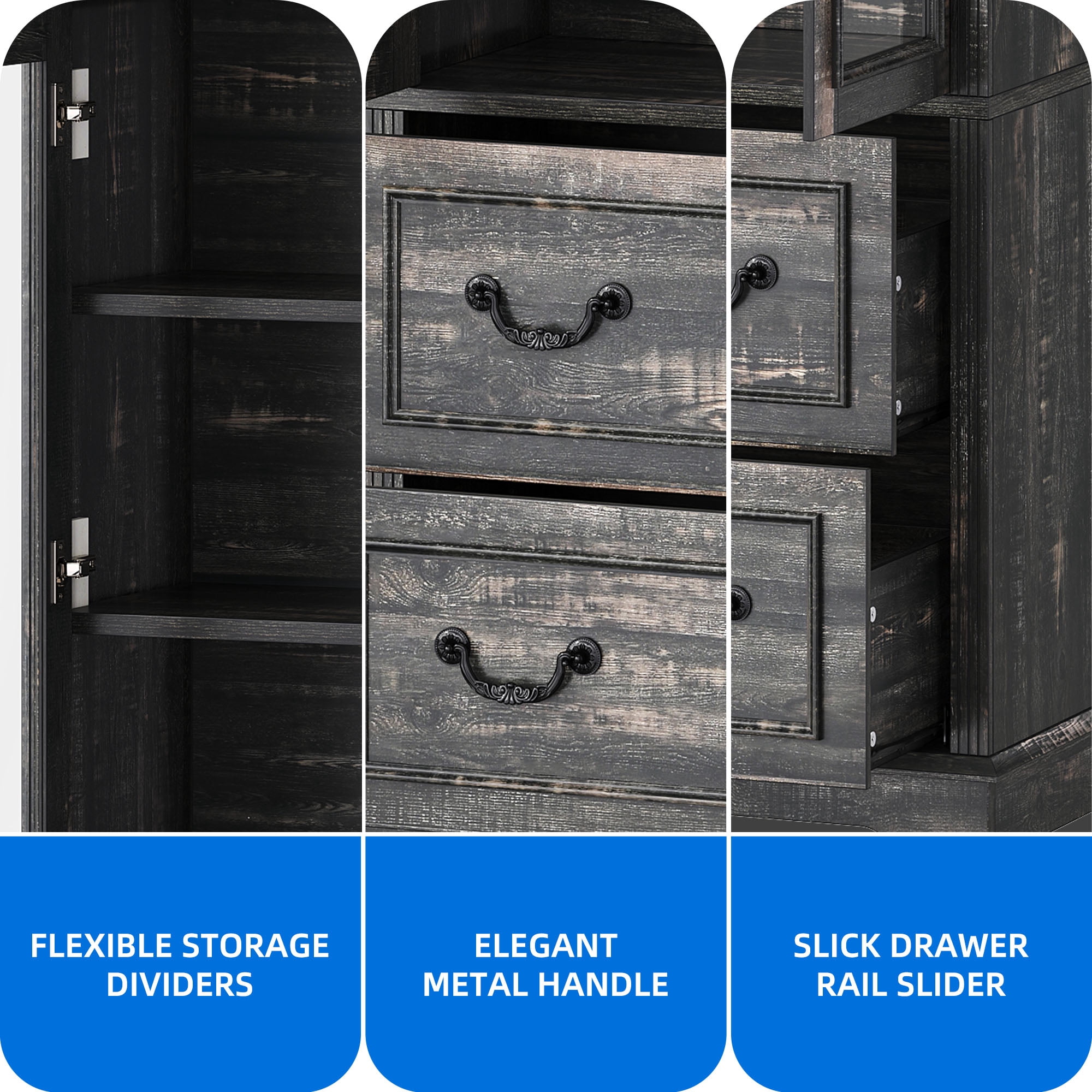 Dextrus 76'' Kitchen Pantry Cabinet with 2 Drawers, Tall Storage Cabinet with Glass Doors & Adjustable Shelves, Dark Rustic Oak
