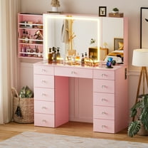 PAKASEPT Makeup Vanity Desk with Mirror and Lights, Vanity Desk with Charging Station, Drawers, Movable Shelves for Makeup, Modern Vanity Table Set with Vanity Stool for Bedroom, White