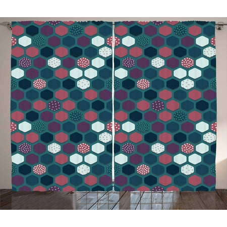 Vintage Teal Curtains Geometric Curtains 2 Panels Set, Vibrant Hexagon Shapes with Ornamental Polka Dots Vintage Pattern, Window Drapes for Living Room Bedroom, 108W X 63L Inches, Dark Teal Plum Dried Rose, by Ambesonne ()