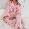 thumbnail image 2 of Conjunto de pijama de satén con plumas para mujer, ropa de dormir informal, con un solo pecho y cuello vuelto, color liso, 2 of 3