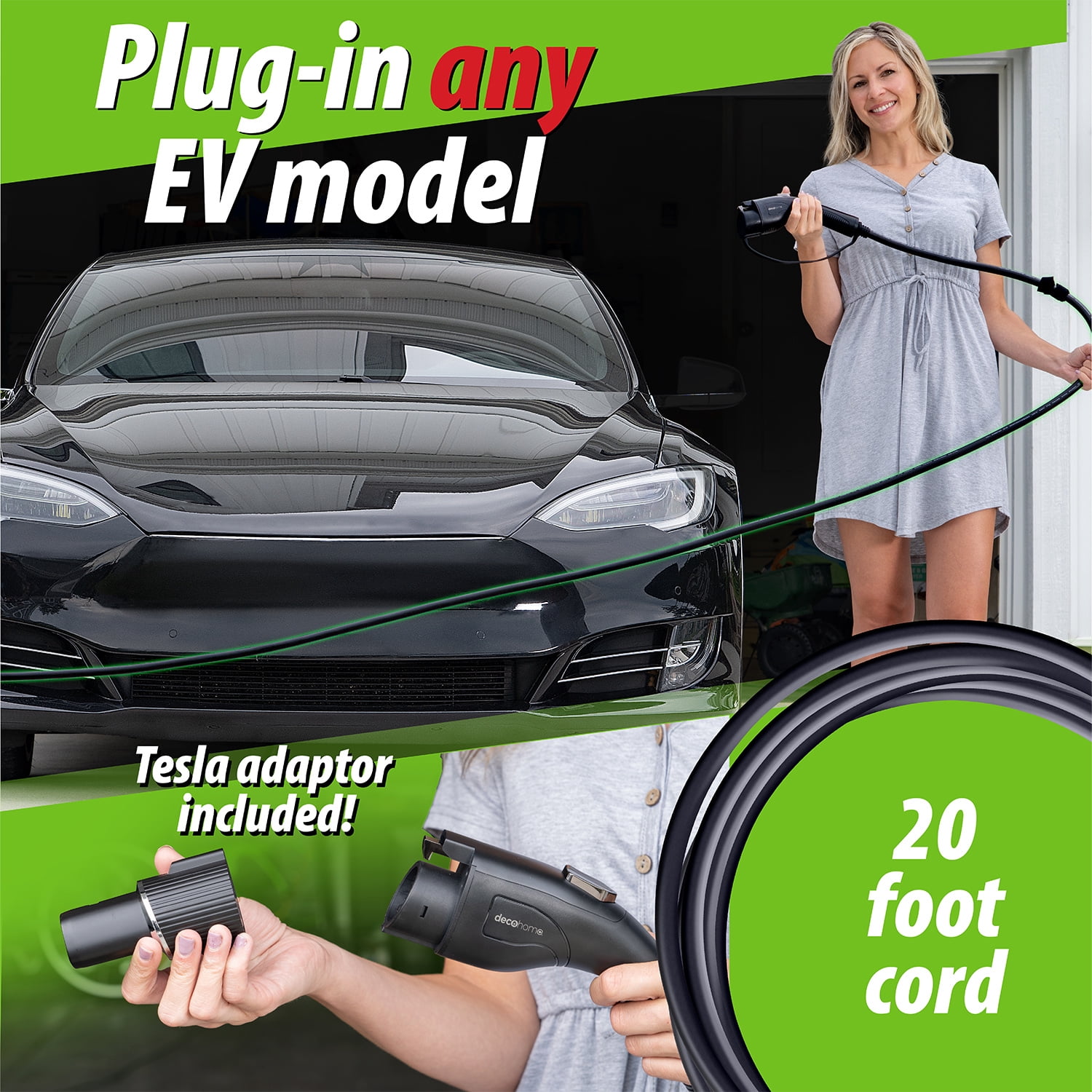 Deco Home Level 1 & 2 32A 240V Portable EV Charger, NEMA 14-50 and 5-15 Plugs, 20FT SAE J1172 Charging Cable, Tesla Adapter