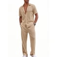 thumbnail image 2 of RICHCOIN Men 2 Piece Outfit Set Khaki Summer Beach Vacation Suit Short Sleeve Button Shirt & Loose Pant Size XL, 2 of 7