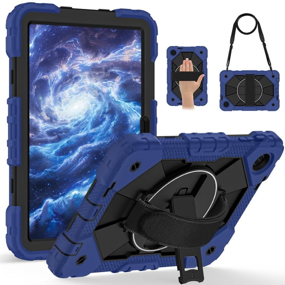 Shockproof Case for T-Mobile Revvl Tab 2 2025 11 Inch 2025, Rugged Hybrid Protection Drop Proof Cover with Shoulder Strap & Hand Strap Rotating Kickstand Kids Friendly Case,Navyblue