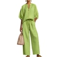 thumbnail image 2 of Two Piece Outfits for Women Zip Front Top Wide Leg Pants Set Casual Summer Matching Set Loose Fit Tracksuit,Green M, 2 of 5