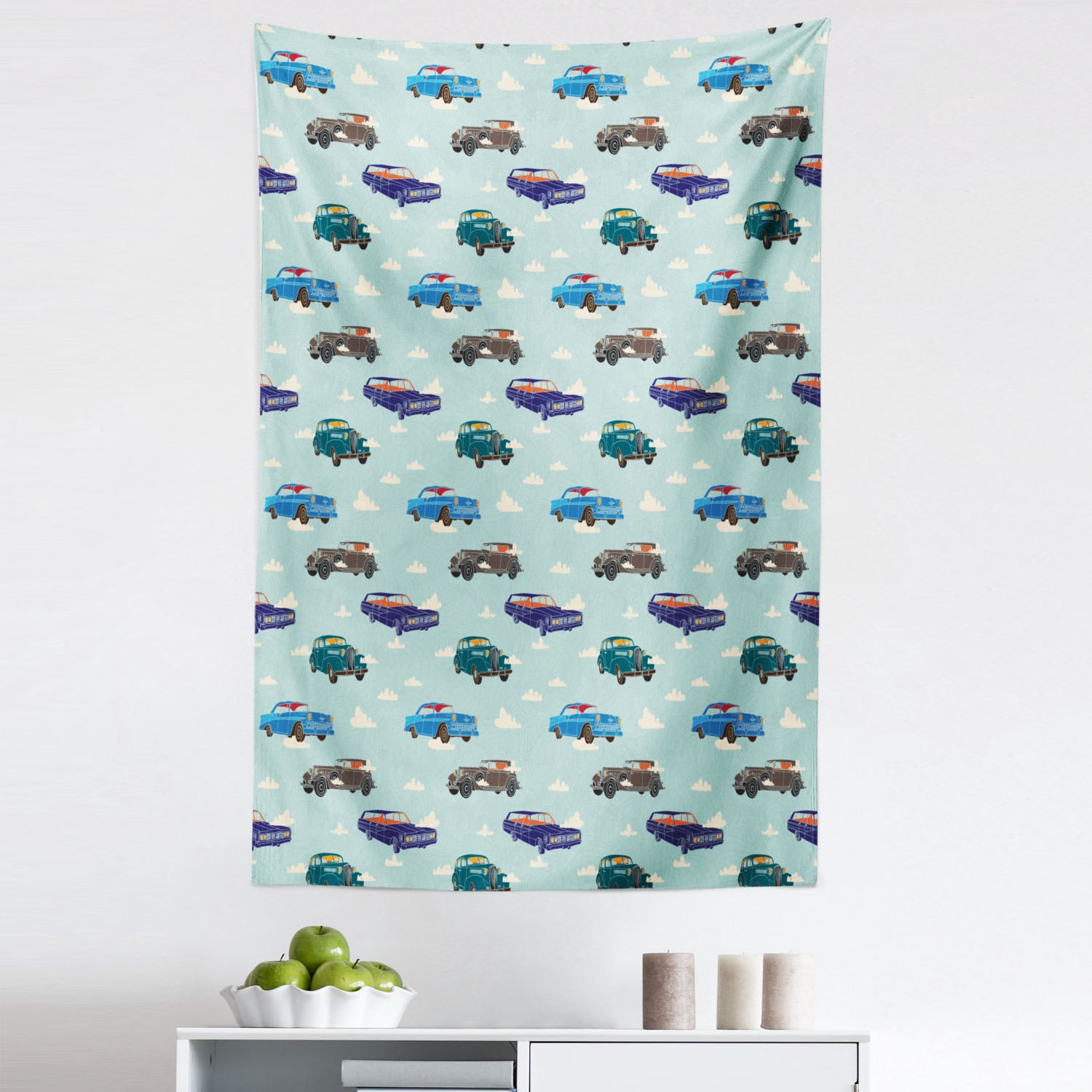 Cars Tapestry, Absurd Design with Vintage Cars in the Air with Clouds ...