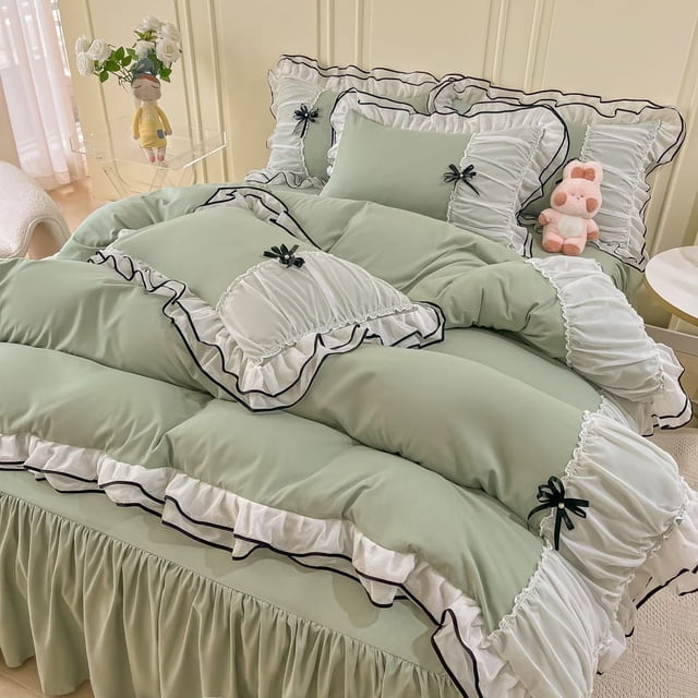 Juego de cama Kawaii Seersucker para niñas, falda de cama de encaje con volantes y lazo de princesa, juego de funda nórdica de color sólido agradable para la piel, tamaño Queen y King