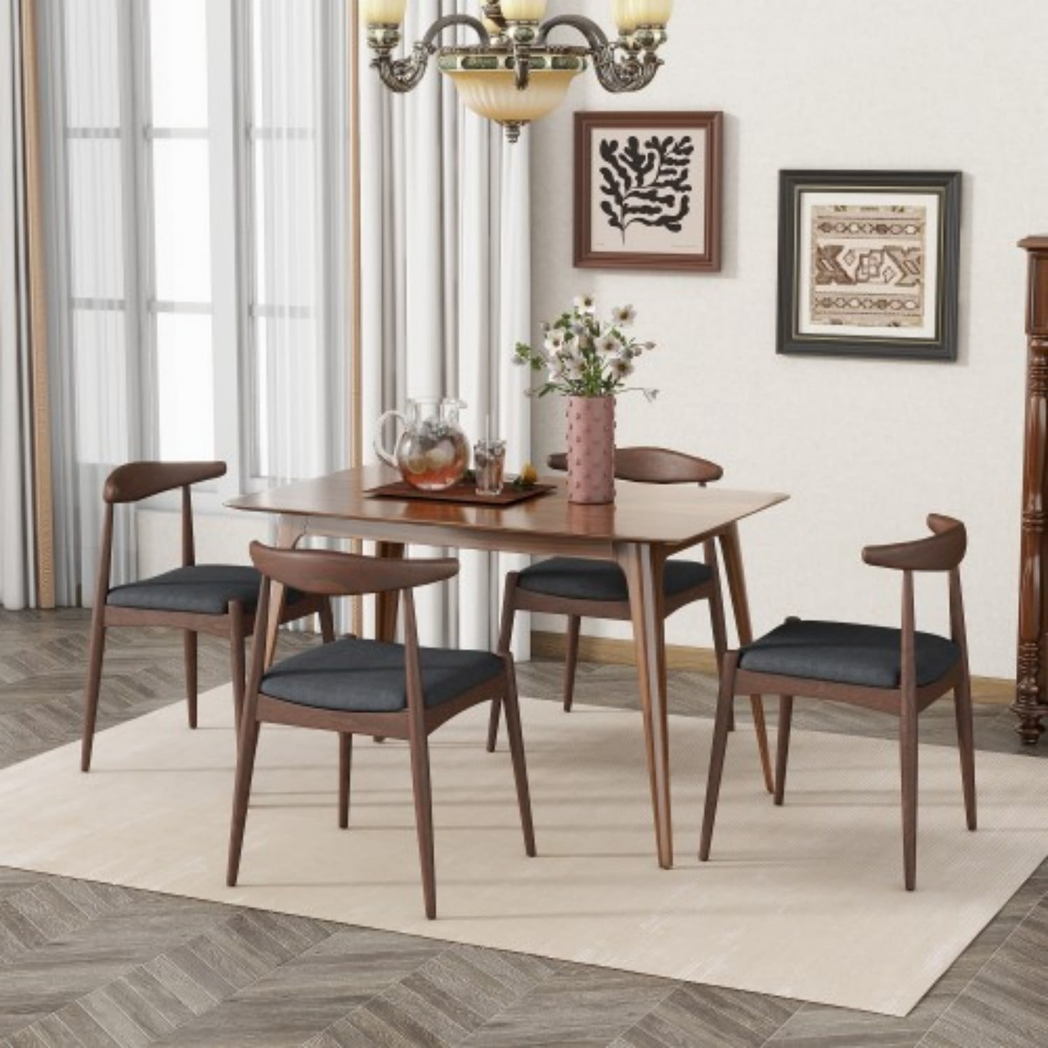 Set of 2 Rubberwood Dining Chairs with Ergonomic Backrest, Upholstered Cushion Seats & Solid Wood Frame, Mid-Century Dining Room Chairs, Walnut, Charcoal