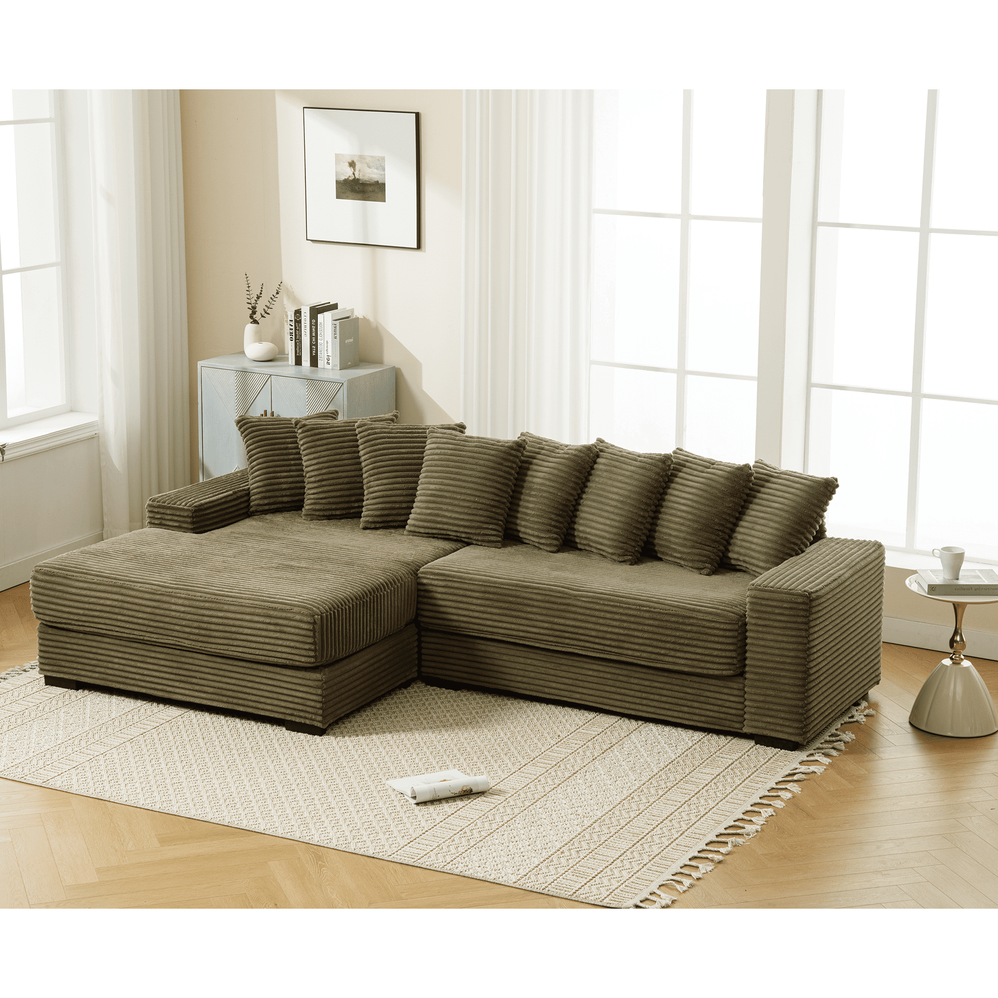 AISWORD 111" Oversized 3-Seat L-Shaped Sectional Sofa with Right Chaise, Luxury Corduroy Fabric Modular Couch with 8 Throw Pillows, Easy Assembly for Living Room