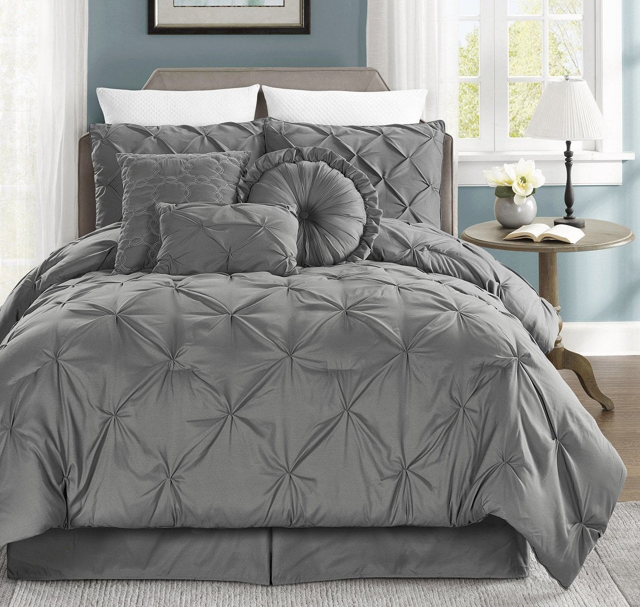 Chezmoi Collection Sydney 7-Piece Teal Pinch Pleated Pintuck Comforter Set 