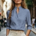 thumbnail image 2 of Enjoytime Shirts for Women Stand Collar V Neck Linen 3/4 Sleeve Tops Lightweight Business Casual Work Blouses, 2 of 7