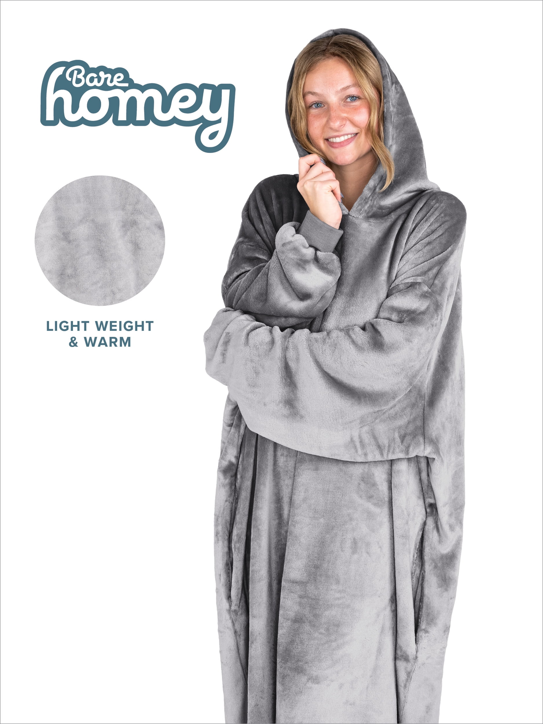Bare Homey Adult Size Microplush Wearable Blanket - Long Length - Zipper Side Pockets, Gray