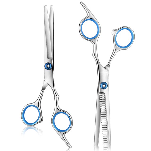 Professional Salon Hair Cutting Thinning Scissors Barber Shears Hairdressing Set, 2pcs. This set includes a 6-inch stainless steel barber scissor and thinning shear, both featuring a polished silver finish with blue finger grips. Designed for professional hairdressing, the scissors offer sharp blades, a detachable finger rest, and a smooth cutting experience. Suitable for precise hair cutting and thinning tasks.