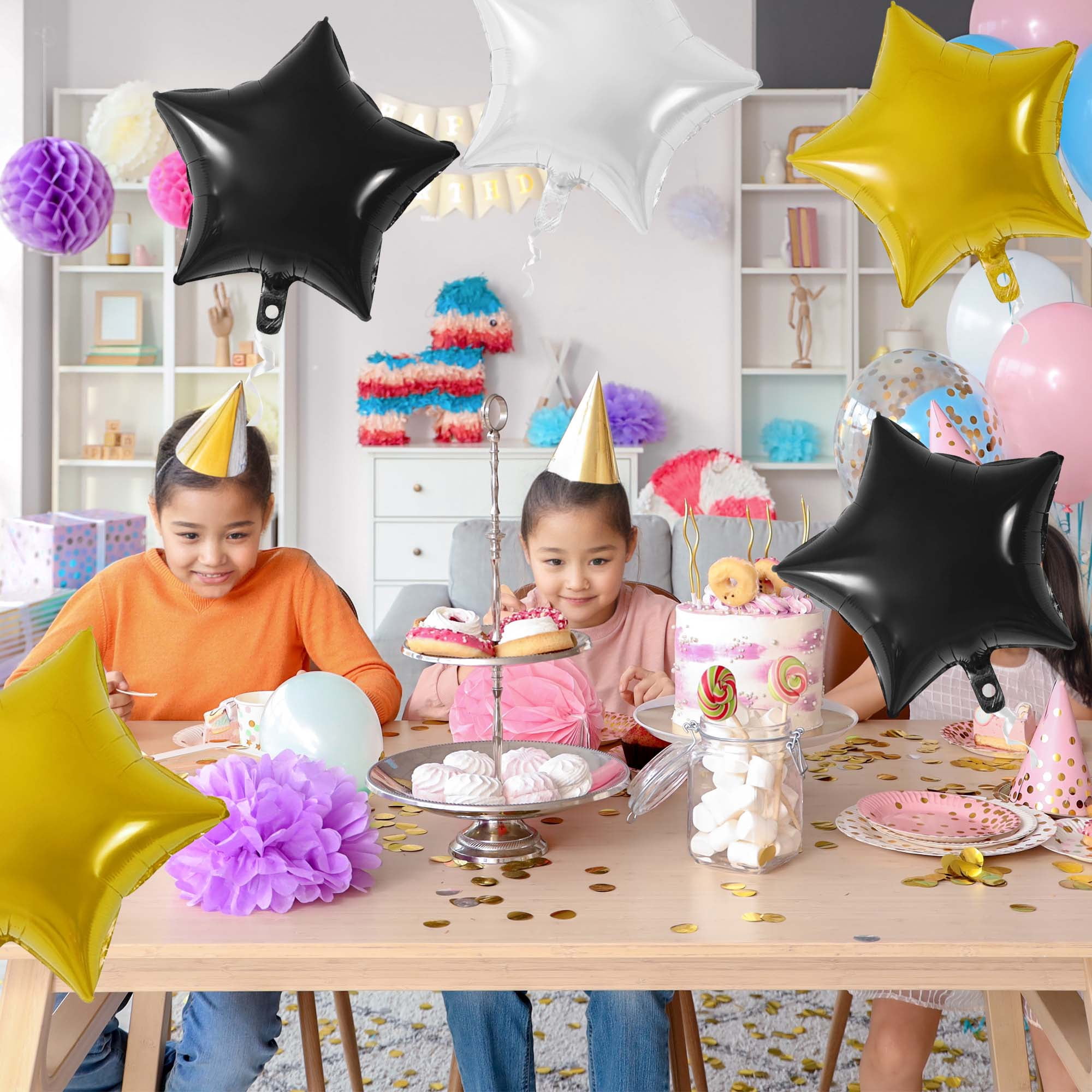 Unique Bargains 10Pcs Helium Balloons with Ribbon Star Pattern Black Gold Silver Tone