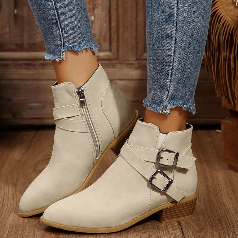 Mepaouo Women's Ankle Boots Low Chunky Heel Buckle Short Booties Comfortable Fall Winter Dress Shoes for Women, Size: 7, Green