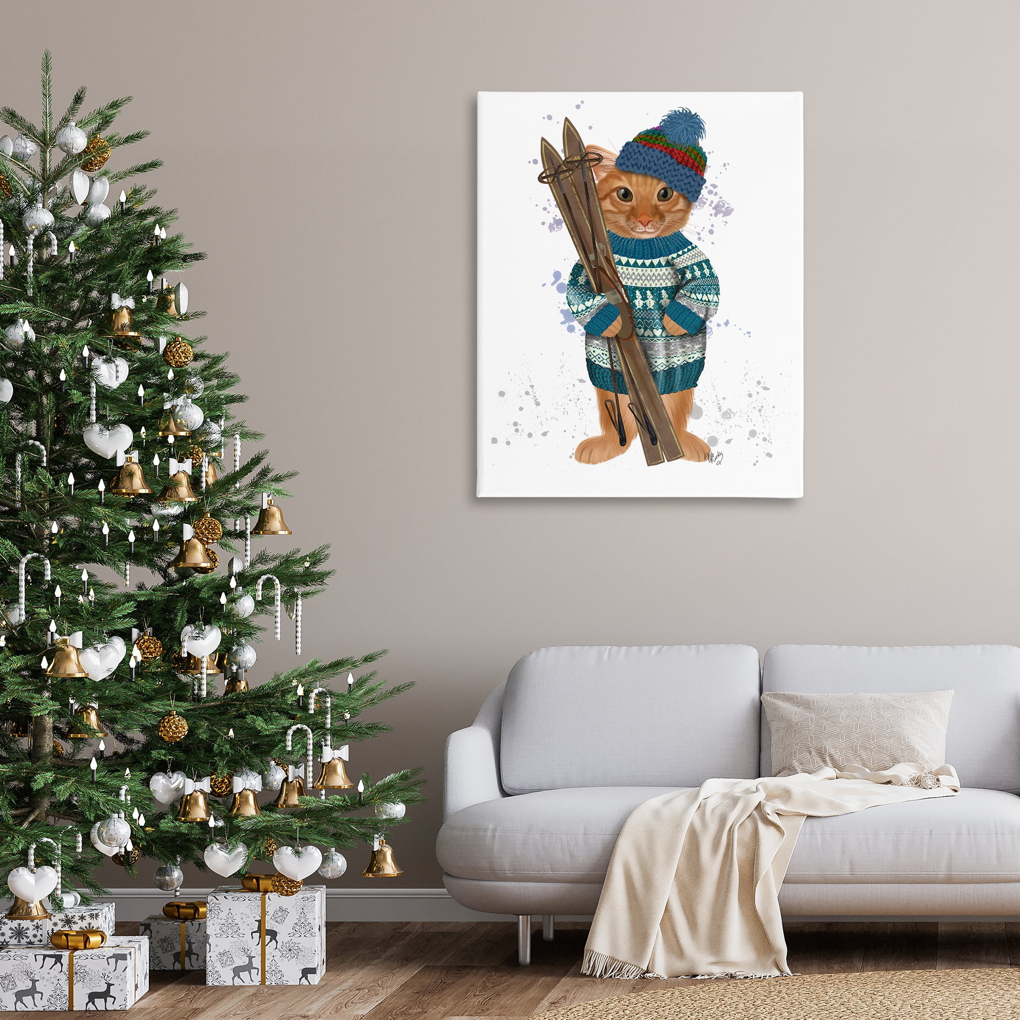 Stupell Industries Cat with Winter Skis Animals & Insects Painting Gallery Wrapped Canvas Art Prints Wall Art, 36 x 48