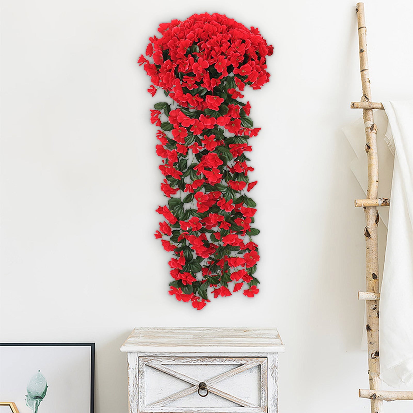 1pcs Artificial Hanging Flowers Outdoor Faux Plants Spring Decor Fake Mums Violets with Eucalyptus Realistic UV Resistant Trailing Vines Porch Yard Indoor Five-petal