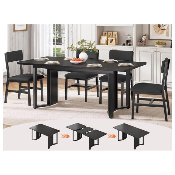 5 Piece Dining Table Set for 4 to 6 People, 63 Inch Extendable Kitchen Table with 4 Cushion Chairs, Black Folding Dining Room Table with Metal Frame for Small Space