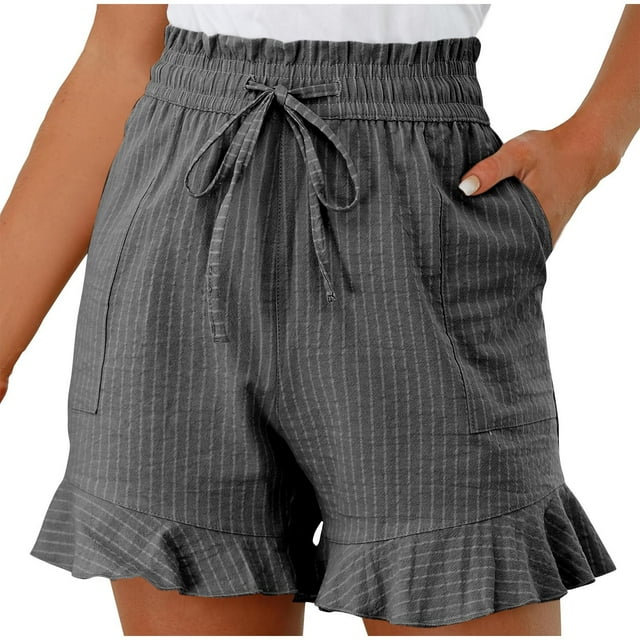 Besolor Summer Shorts for Women Trendy Striped Elastic Waist Drawstring Ruffle Hem Beach Lounge Shorts with Pockets