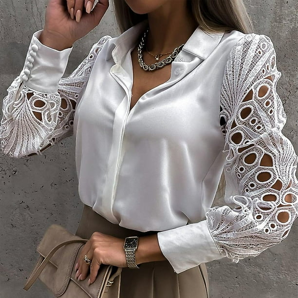 Chemise Femme en Dentelle de Couleur Unie a Manches Longues Creux V neck Chemisier Walmart