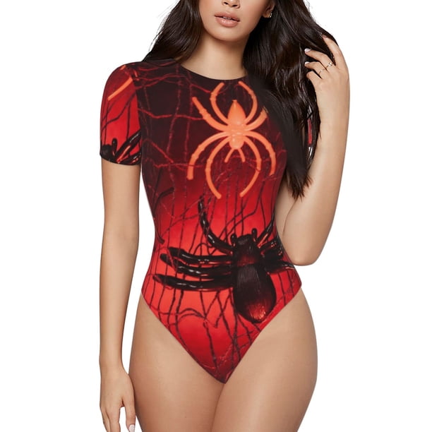 Fotbe Black Spider Web With Spiders Body de Mujer con Cuello Redondo y Mangas Cortas, Sin Mangas Ajustado, Suave, Cómodo y Básico-X-Large
