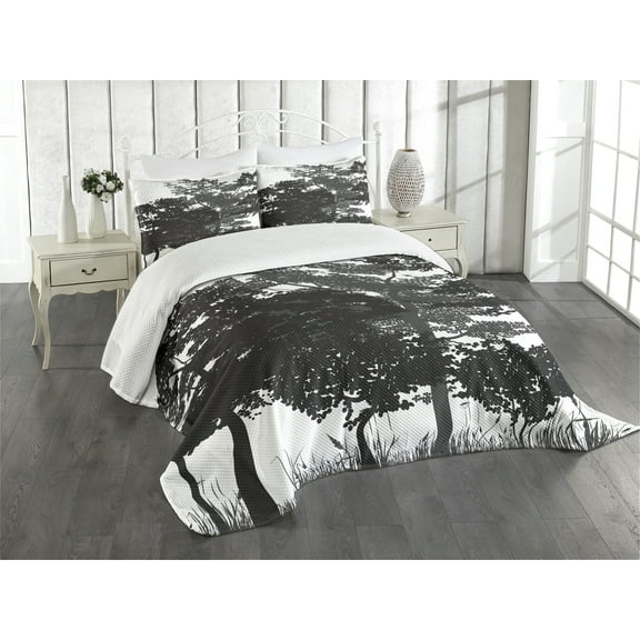Ambesonne Forest Quilted Bedspread Set 3 Pcs, Deciduous Trees Nature, King Size, Black Grey White
