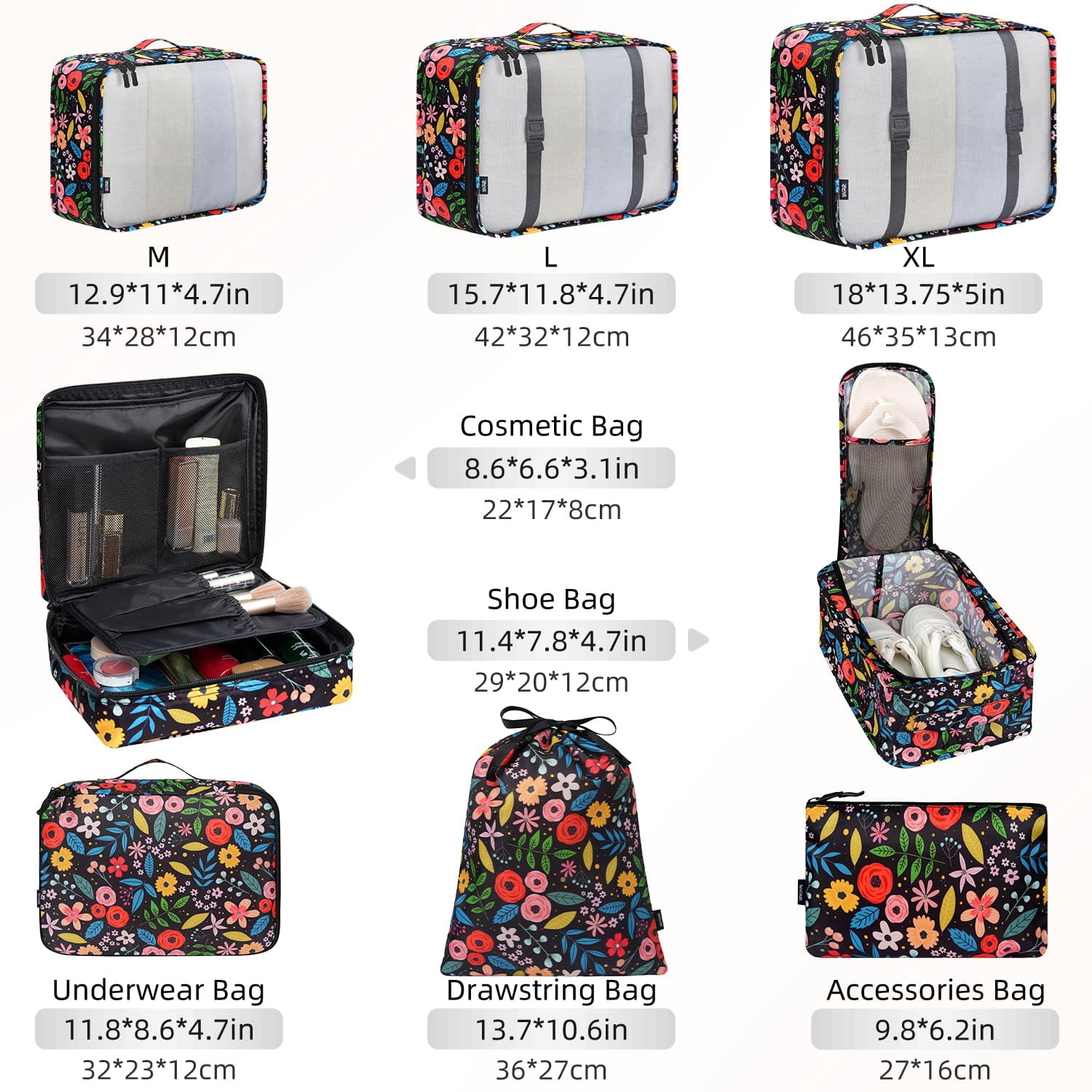 8 Set Packing Cubes Luggage Organizers For Travel Accessories-black Floral