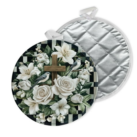 

2 PCS Pot Holders for Kitchen Potholders Sets with Hook for Oven Cooking Baking Round Design For Print On White Roses