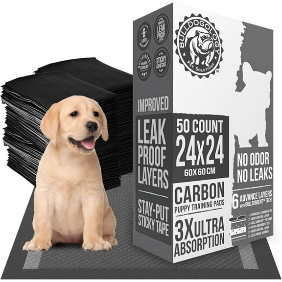 Bulldogology Premium Carbon Black Puppy Pee Pads with Adhesive Sticky Tape - Large Housebreaking Dog Training Wee Pads (24x24) 6 Layers with Extra Quick-Dry Bullsorbent Polymer