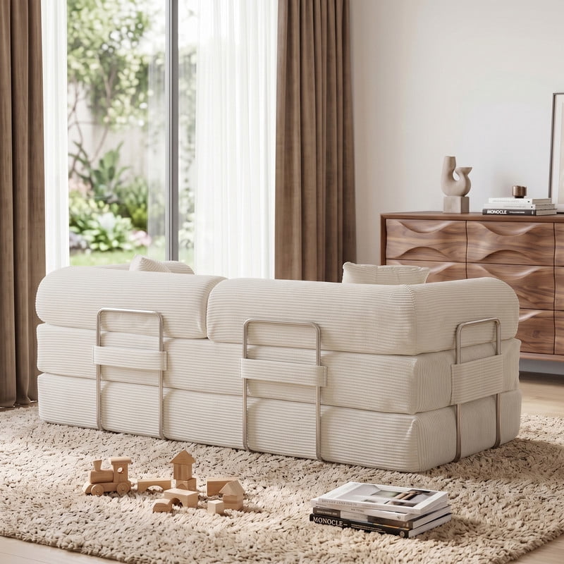 Anpport 78.8" Compression Boneless Sectional Sofa, Convertible Floor Sleeper Bed with Pillow Back Armrest, Corduroy Fabric, White, for Living Room Bedroom