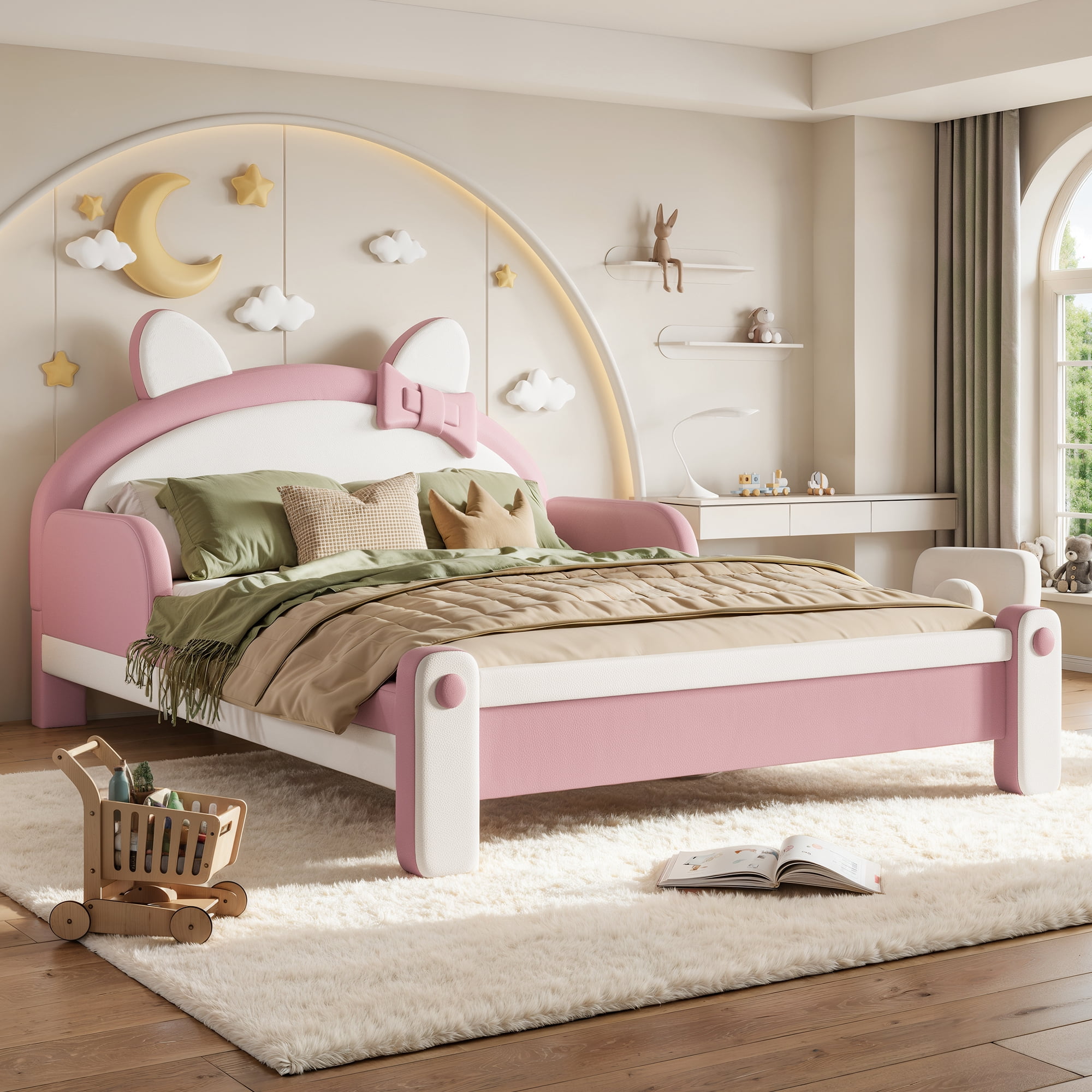 HOQBN Full Size Cute Cat Shaped Upholstered Kids Platform Bed, Princess Style Low Profile Children Bed Frame for Bedroom White & Pink