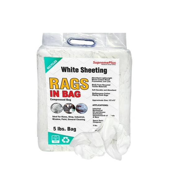 SupremePlus Sheeting Cleaning Rags 5 lbs Bag of Rags Commercial Lint-Free Multipurpose Cotton Household Cleaning Cloths & Wipes, White, 45 Count