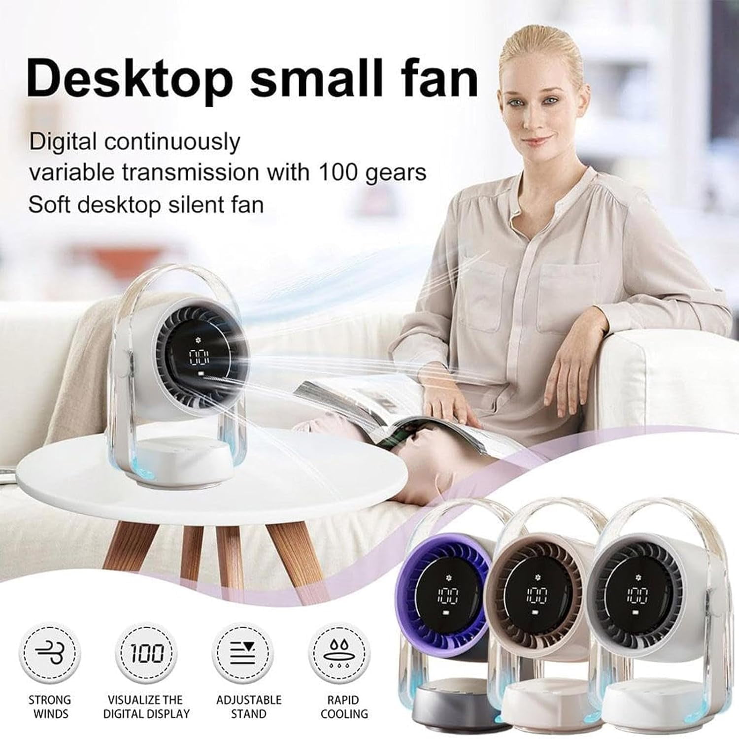 Portable Desk Fan, USB Rechargeable Turbo Table Fan for Desk, Quiet Desktop Air Circulator with 360° Adjustable Rotate, Battery Powered Fan with LED Display for Bedroom, Office, Kitchen