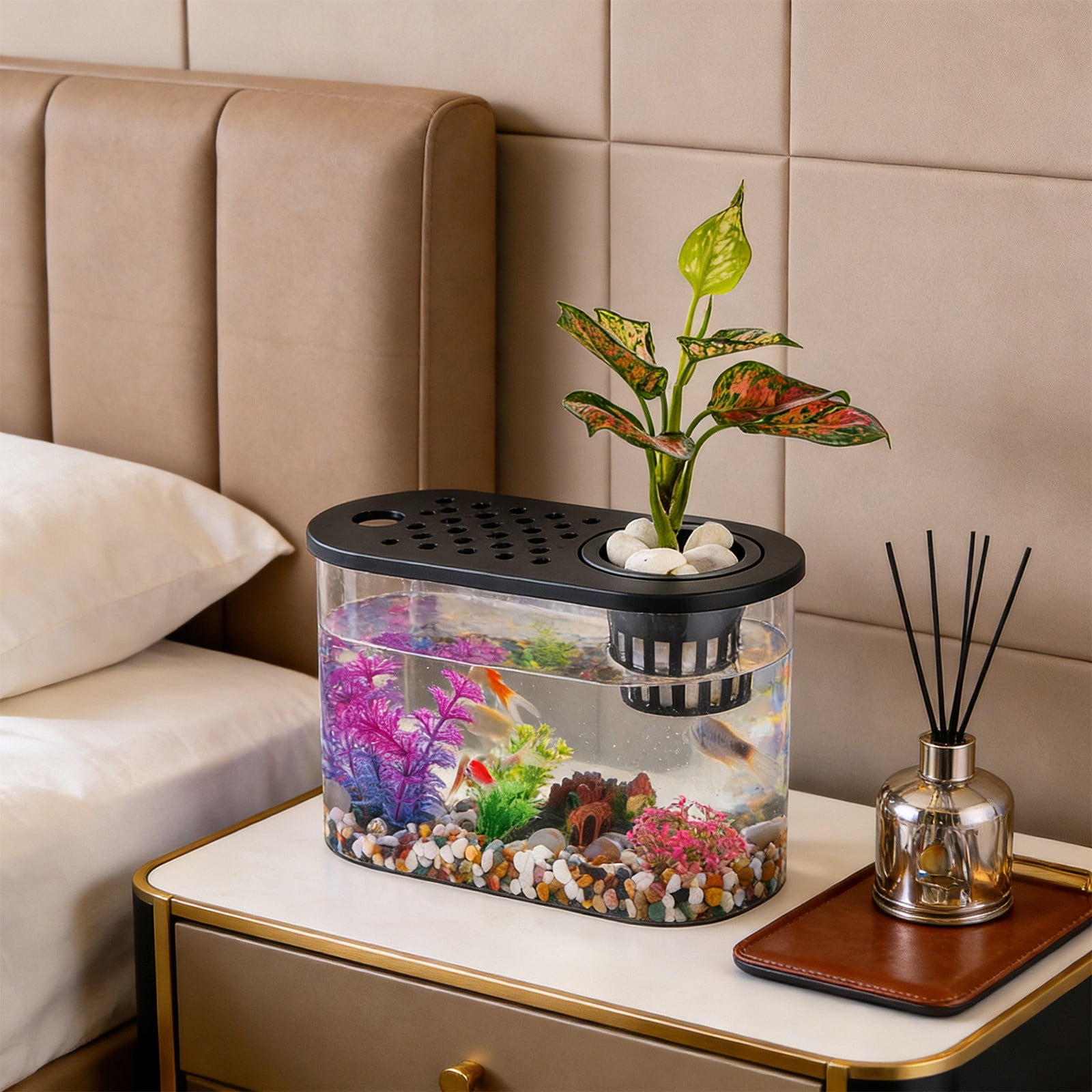 Clear Plastic Goldfish Bowl Fish Tank Desktop Aquarium Home Decor Shatterproof Hydroponic Design for Tabletop Living Room Bedroom Office Bar Ornament for Small Fish Betta Guppy Aquarium Supplies