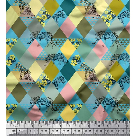 Soimoi Poly Georgette Fabric Leopard & Argyle Patchwork Print Sewing Fabric Yard 52 Inch Wide