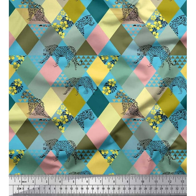 Soimoi Poly Georgette Fabric Leopard & Argyle Patchwork Print Fabric by Yard 42 Inch Wide