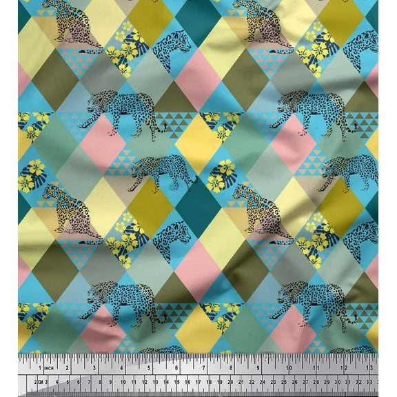 Soimoi Cotton Duck Fabric Leopard & Argyle Patchwork Print Fabric by The Yard 42 Inch Wide