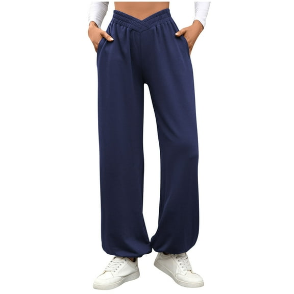 XFLWAM Women's V Crossover Waist Sweatpants Baggy Y2K Jogger Pants Wide Leg Lounge Pants Active Workout Track Trousers with Pocket
