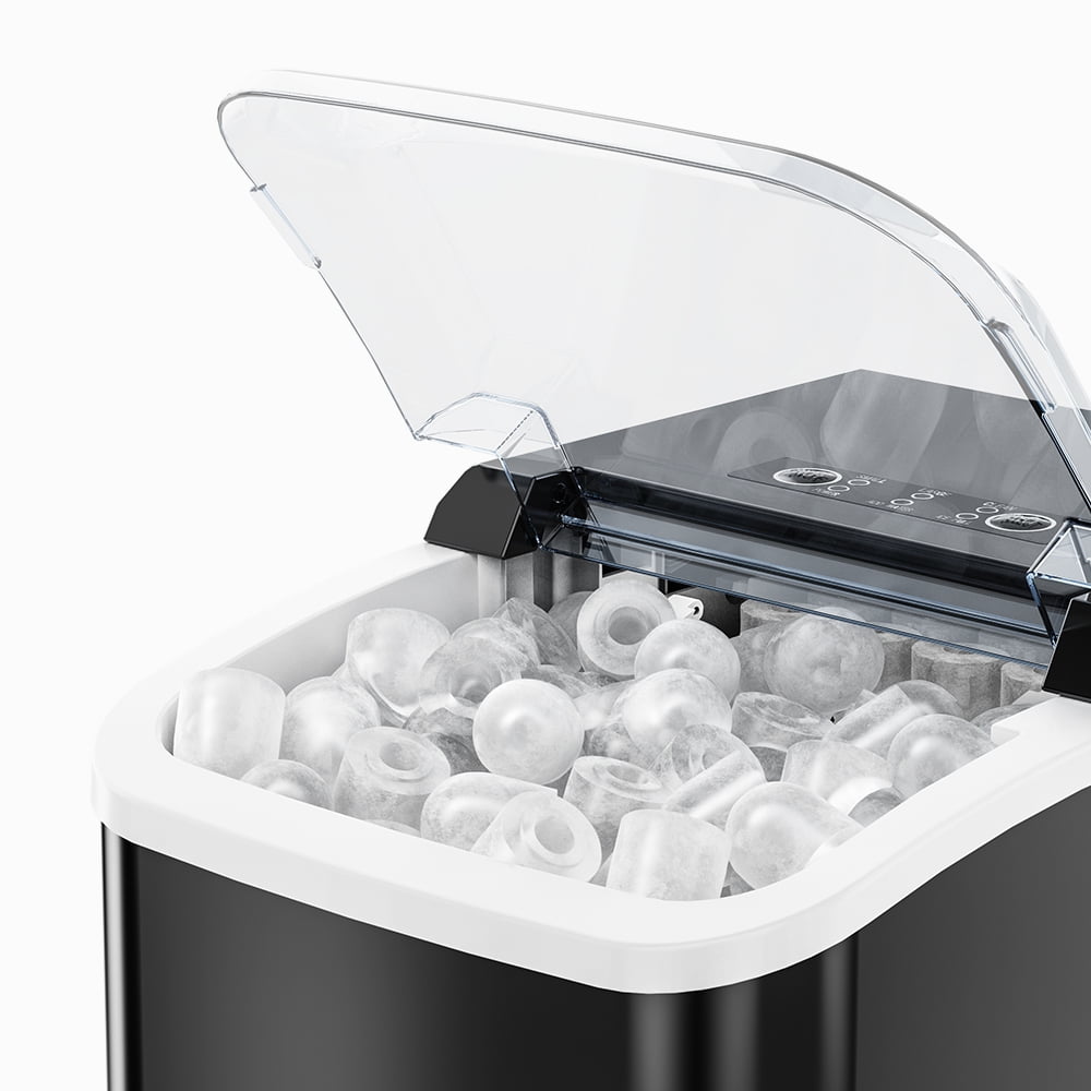 Portable Self Cleaning Countertop Ice Maker Machine, 6 Mins/9 Pcs, 26.5lbs/24Hrs, 2 Sizes of Bullet Ice, Ideal for Kitchen, Office, and Parties, Stainless Steel Black Ice Maker with Scoop and Basket