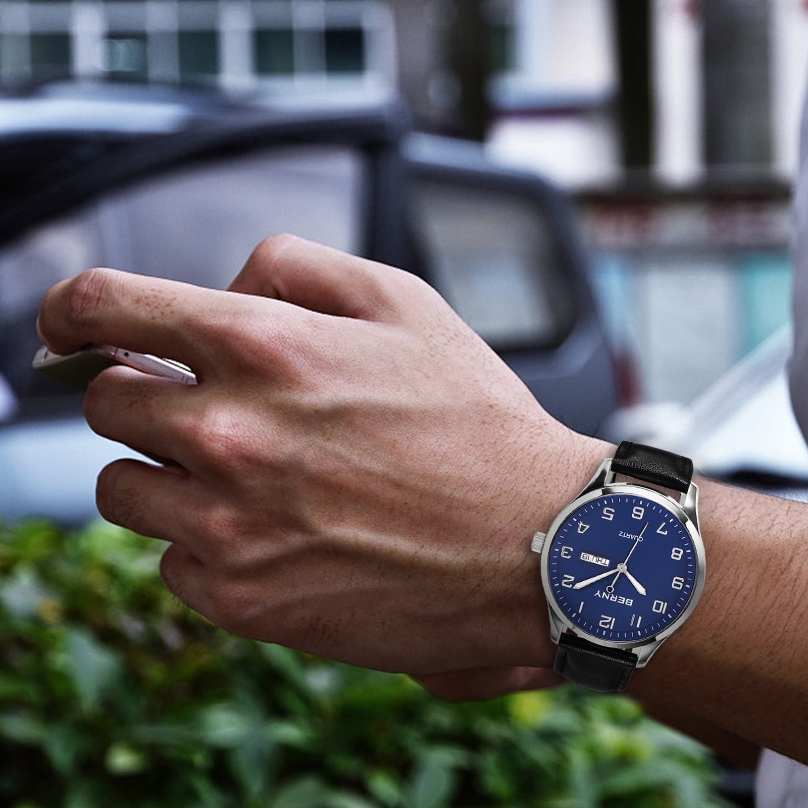 BERNY Modern Quartz Watch for Men Casual Easy Read Wristwatch with Arabic Numeral Watch Dial, Genuine Leather Strap and Day & Date Calendar-Blue Dial