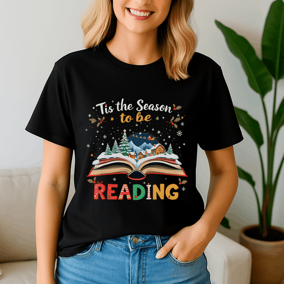 Xmas Tis The Season To Be Reading Christmas Book Lovers Gift, Retro Christmas Shirt, Xmas TShirt, Cute Santa Claus Holiday, Merry Christmas Gift