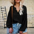 thumbnail image 4 of Mujeres V cuello globo manga camisa suelta casual profundo V cuello único breasted linterna manga larga algodón camisa pullover Top negro XL, 4 of 6