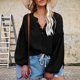 thumbnail image 4 of Camisa de manga globo con cuello en V para mujer Camisa holgada informal con cuello en V profundo con linterna de un solo pecho Camisa de algodón de manga larga Jersey Top Negro M, 4 of 6