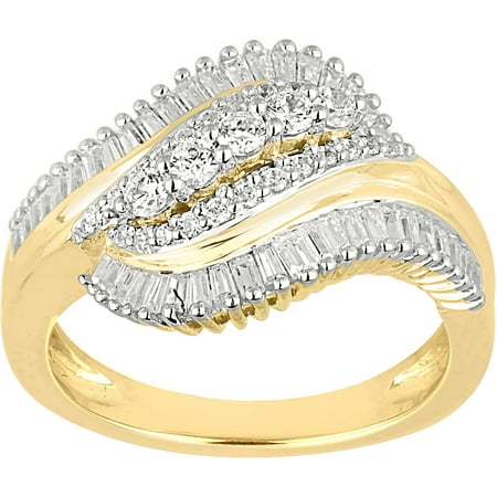 5/8 Carat T.W. Round and Baguette Diamond 10kt Yellow Gold By-Pass Fashion Ring